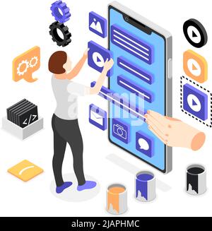 User interface development isometric concept with young woman creating custom design for mobile application vector illustration Stock Vector