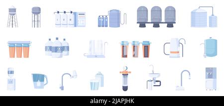 Water purification flat set with isolated icons of household appliances parts with filters tubes and towers vector illustration Stock Vector