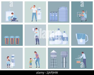 Water purification set of square shaped compositions with flat human characters and images of water storage vector illustration Stock Vector