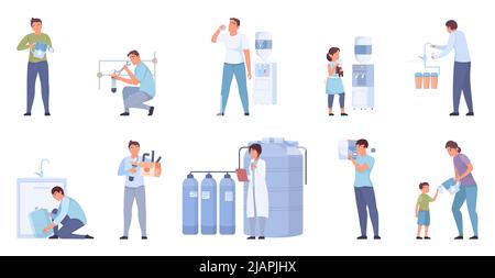 Water purification set with flat isolated compositions of people and aqua processing appliances on blank background vector illustration Stock Vector