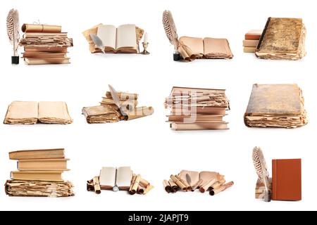 Set of many old books and scrolls isolated on white Stock Photo
