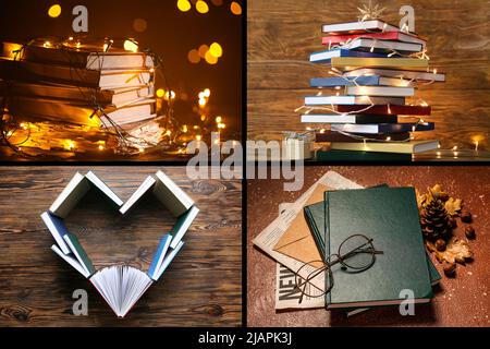 Collage with many different books and Christmas lights Stock Photo