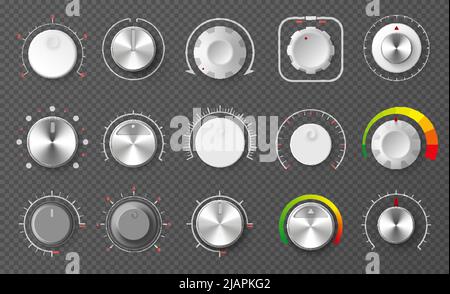 Realistic set of circle shiny metallic regulator buttons for level adjustment on transparent background isolated vector illustration Stock Vector