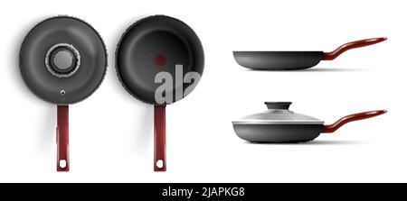 Modern non stick frying pan with lid top and side view realistic set isolated vector illustration Stock Vector