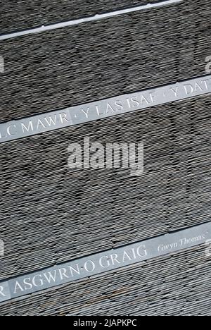 Slate sculptures commemorating the slate mining industry at Blaenau Ffestiniog, Conwy, Wales, UK. Stock Photo