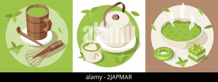 Matcha isometric set with three square compositions of served hot drinks and confectionery products with matcha vector illustration Stock Vector