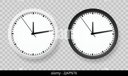Realistic office clock set on transparent background with two isolated round clock images white and black vector illustration Stock Vector