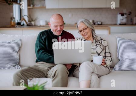 Cheerfull senior couple sitting home on sofa and using laptop Stock Photo
