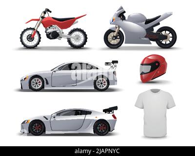 Racing vehicle and apparel mockup realistic set with isolated blank motorbikes cars t shirt and helmet vector illustration Stock Vector