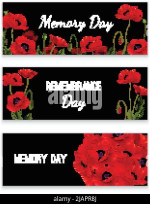 Memory day horizontal banners decorated with red poppies flowers on black background realistic vector illustration Stock Vector