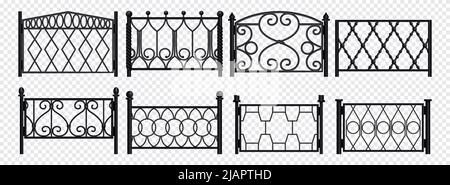 Forged metal fence sections with different pattern realistic set on transparent background isolated vector illustration Stock Vector