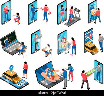 Online service set with workout and shopping symbols isometric isolated vector illustration Stock Vector