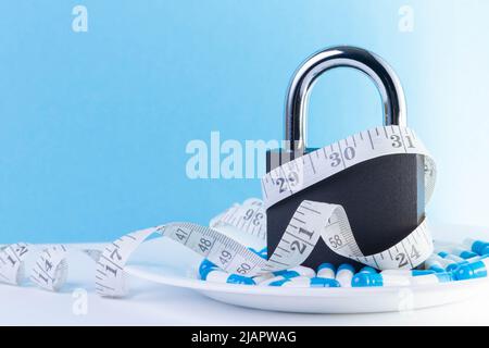 The prohibition of taking drugs for weight loss. Restriction on the import of weight loss pills. Closing medications. Contraindications for treatment. Stock Photo