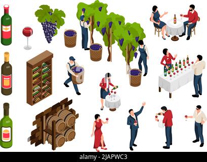Wine isometric set with wine making and tasting isolated vector illustration Stock Vector