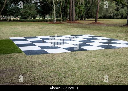 Large checkerboard outdoor dance floor for a party, wedding, event, or reception Stock Photo
