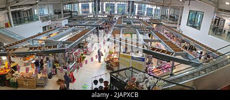 Panorama of Retail stalls, Warrington New Market, 2 Time Square,Cheshire,England,UK, WA1 2NT Stock Photo