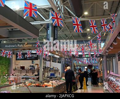 Retail stalls, Andrews fish , game & poultry, Warrington New Market, 2 Time Square,Cheshire,England,UK, WA1 2NT Stock Photo