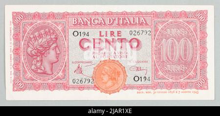 Banknote at 100 lire, Bank of Italy, Italy, 10.12.1944 Stock Photo