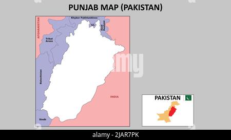 Punjab Map. Political map of Punjab. Punjab Map of Pakistan with neighboring countries and borders. Stock Vector