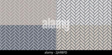 Herringbone tile patterns. Diagonal grey ceramic bricks backgrounds. Vector seamless illustrations set Stock Vector