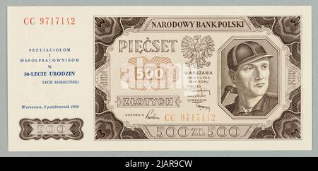 Banknote for PLN 500; National Bank of Poland; 1.07.1948/ 9.10.1994 PWPW Warsaw, Borowski, Wacław (1885 1954), Schmidt, Jindrich (1897 1984) Stock Photo