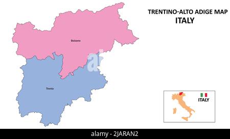 Trentino-Alto Adige Map. District map of Trentino-Alto Adige in District map of Trentino-Alto Adige in color with capital. Stock Vector