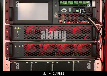 Close up of data center equipment in a rack. Selective focus. Stock Photo