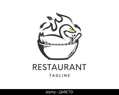 Duck with Bowl Restaurant Logo Template Stock Vector