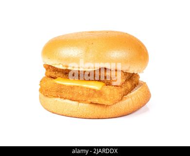 A delicious crispy fish burger with cheese isolated on white background Stock Photo