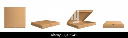Brown cardboard pizza box 3d realistic vector. Open empty and closed carton package for delivery fast food, top side view isolated mockup illustration on white background Stock Vector