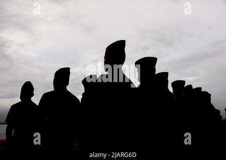 Manila, Philippines. 1st June, 2022. Members of the Philippine Coast Guard stand in formation as they welcome the arrival of the BRP Melchora Aquino at Manila's port area, Philippines. June 1, 2022. The brand new multi-role vessel built by Japan was ordered by the coast guard to strengthen its maritime security, safety and marine environmental protection capabilities in the country's waters, especially in the disputed South China Sea where the Philippines continues to have tense territorial standoffs with China. (Credit Image: © Basilio Sepe/ZUMA Press Wire) Stock Photo