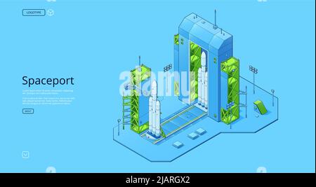 Spaceport isometric set with rocket on cosmodrome with hangar and launchpad. Vector horizontal banner with axonometric illustration of autonomous spaceship or shuttle Stock Vector