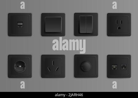Electric sockets and switches on wall. Vector realistic set of 3d different types toggles and outlet for chinese, european and russian plugs, adapter connectors. Black plastic house supplies Stock Vector