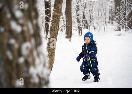 Joyful curious and independent toddler kid walks along the path in the winter forest. A little boy in warm overalls and a hat enjoys a walk in the win Stock Photo