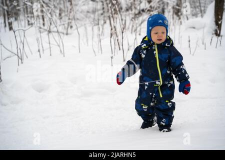 Joyful curious and independent toddler kid walks along the path in the winter forest. A little boy in warm overalls and a hat enjoys a walk in the win Stock Photo