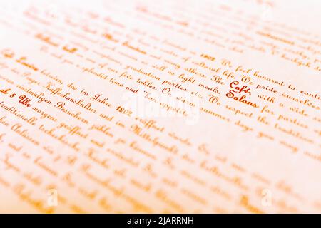 Calligraphic handwriting of letters in German, soft selective focus, fragments of phrases, letters in row, letter fragment Stock Photo