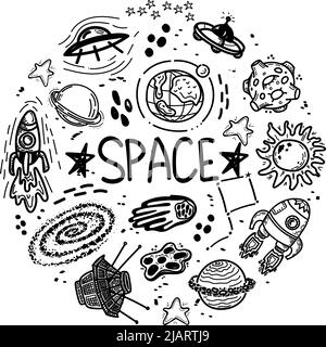 Set of space elements in a circle on a white background. Hand-drawn space inscription. Hand-drawn doodle style elements. Black hole. Rockets, satellit Stock Vector