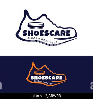 Shoes Care Cleaning Logo Design Template. Sneaker Shoes with Brush for Shoes Cleaner Care Service Repair Maintenance Business Brand Company in Vintage Stock Vector