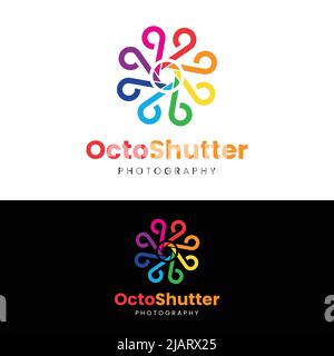 Octopus Shutter Aperture Camera Photography Logo Design Template. Suitable for Digital Photographer Studio Production House in Simple Colorful Style L Stock Vector