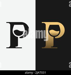 Letter Initial P Wine Glass Logo Design Template. Suitable for Bar Restaurant Cafe Winery Vineyard Pub Club Business Brand Company Logo Design. Stock Vector