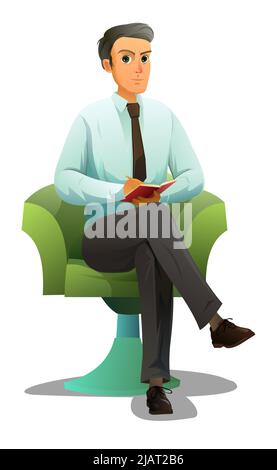 Man writes in notebook. Attentive student or psychologist listens. Journalist interviewing. Sits in chair. Cartoon style. Scene isolated on white back Stock Vector