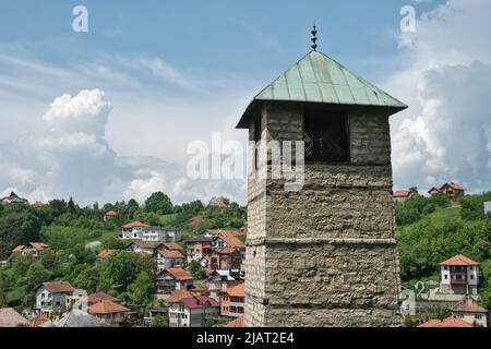 Tešanj, Bosnia and Herzegovina – May 2022: Sahat Kula / clock tower of Tešanj. Inscripted as a national monument. Stock Photo