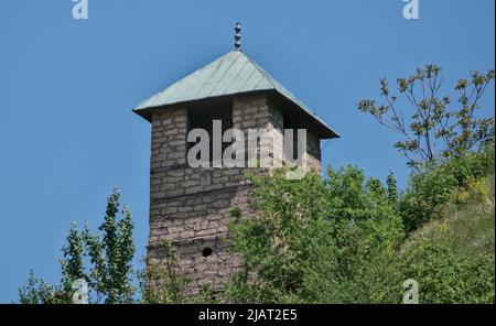 Tešanj, Bosnia and Herzegovina – May 2022: Sahat Kula / clock tower of Tešanj. Inscripted as a national monument. Stock Photo