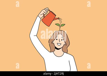 Happy woman use water can watering seedling in brain improving creativity thinking. Smiling girl involved in self-improvement process. Mindset and mental growth. Vector illustration.  Stock Vector