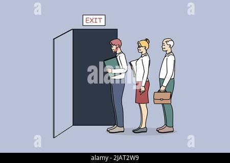 People standing in queue to exit made leaving jobs in office. Diverse employees in line to doors quitting workplace. Resignation and dismissal, workers firing. Vector illustration.  Stock Vector