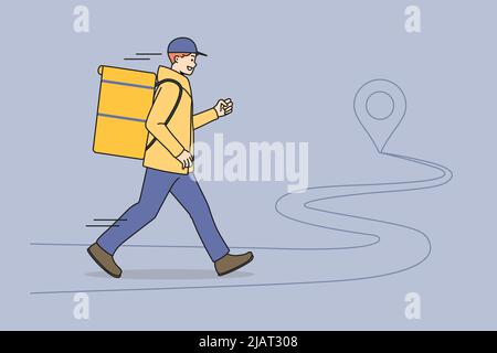 Smiling young courier guy with box deliver dinner or lunch to client. Happy deliveryman in hurry delivering order to customer. Fast express delivery service concept. Vector illustration.  Stock Vector