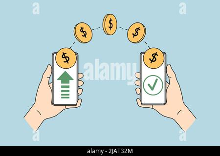 People sending money online via easy banking on cellphones. Finance transfer using smartphone application. Mobile wireless payment on cellular. Virtual wallet. Vector illustration.  Stock Vector