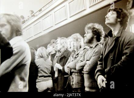 Young male demonstrators attend an indoor rally after taking part in an anti racism demonstration in Leicester,  England, United Kingdom, British Isles, in 1972. Stock Photo
