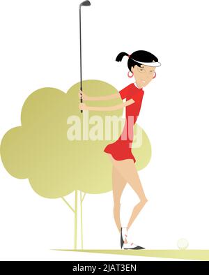 Cartoon golfer woman on the golf course illustration. Funny golfer woman with a golf club tries to do a good shot isolated on white back Stock Vector