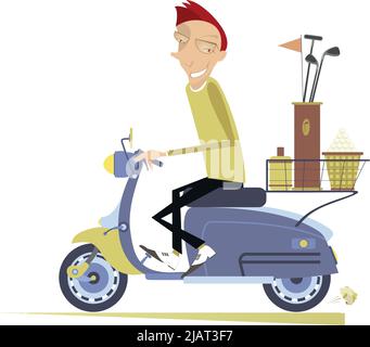 Young golfer man riding scooter. Smiling man on the scooter is on the way to the golf course isolated on white background Stock Vector